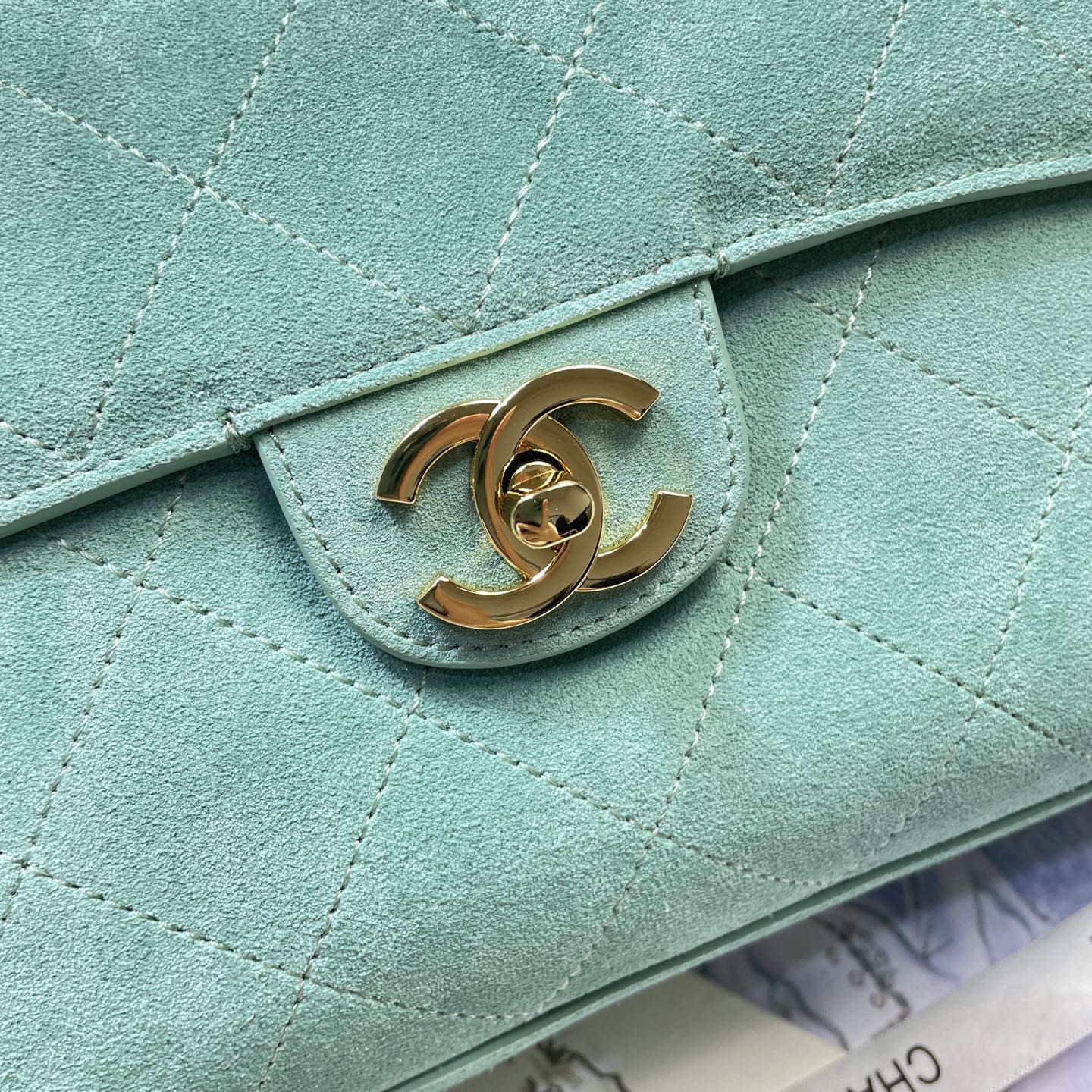 CC Shopping Tote Bag 33cm Seafoam Green Quilted Suede