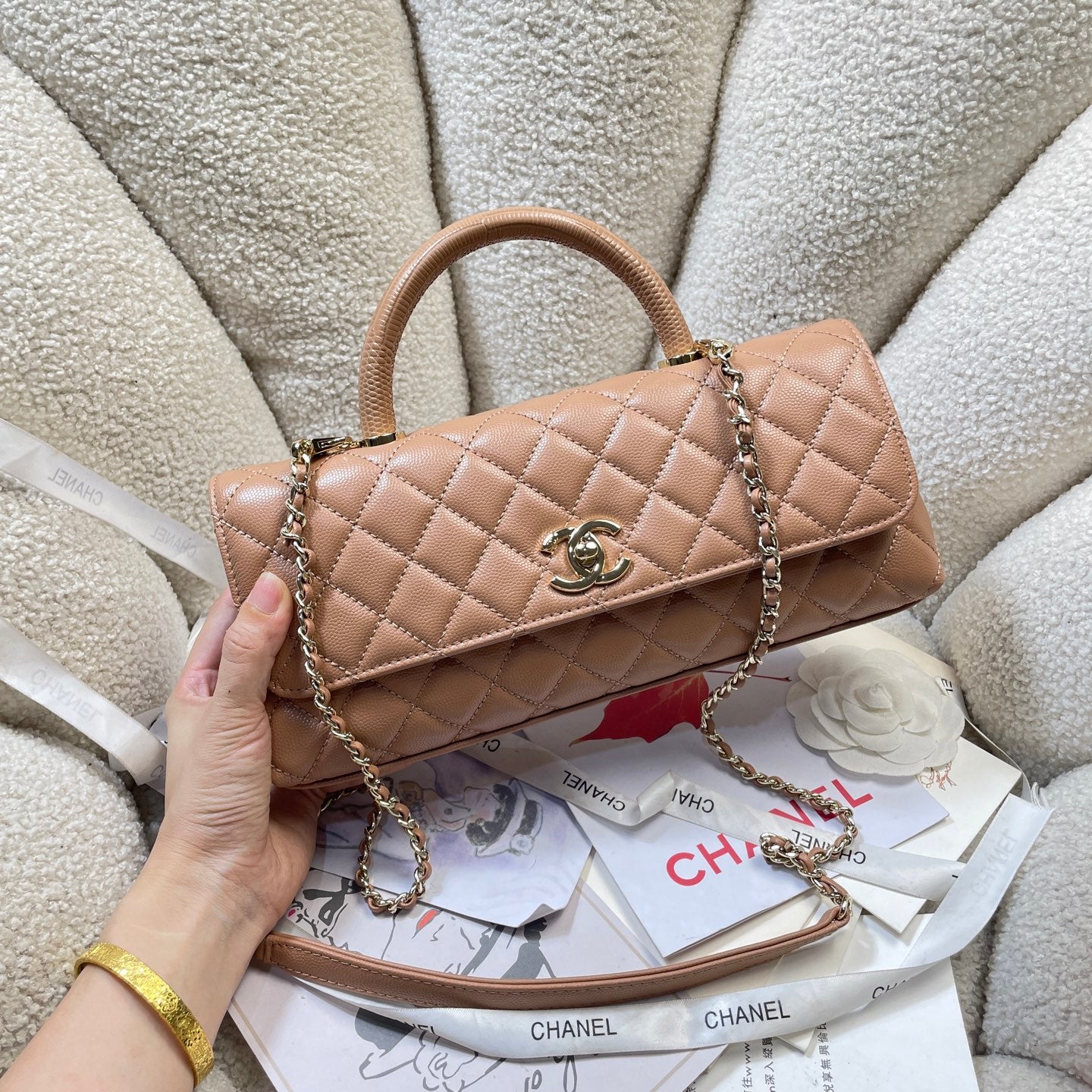 CC Maxi Flap Bag with Top Handle 31.5cm Tan Quited Caviar Leather