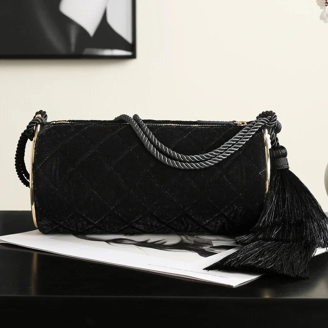 Chanel 2026 Tassel Cylindrical Bag 23.5cm Black Velvet