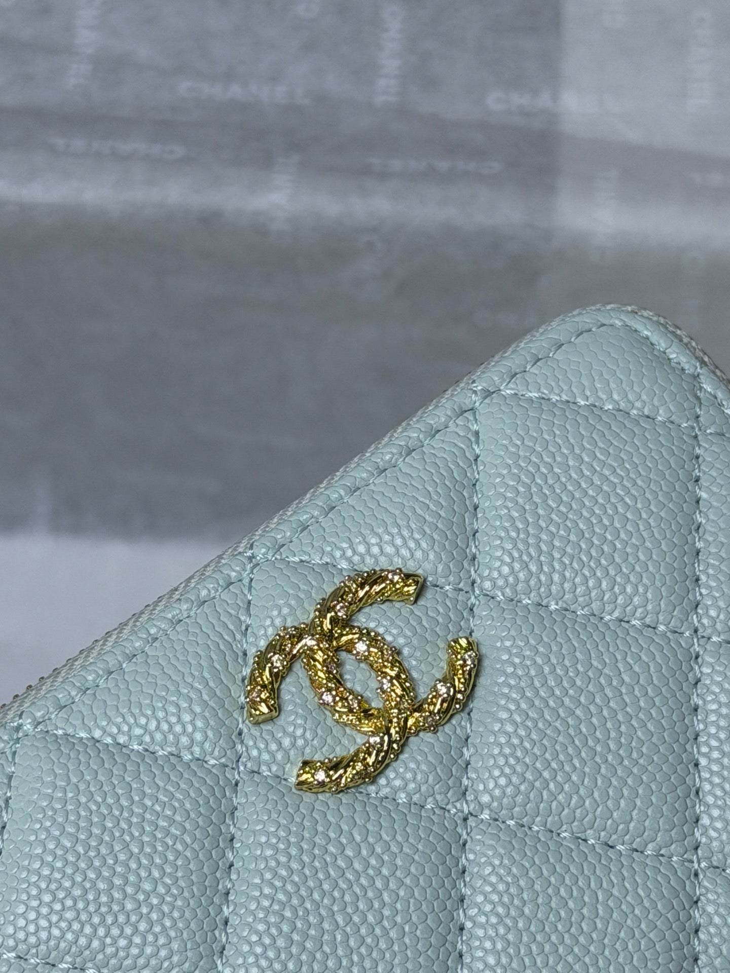 CC 26P Zipper Card Holder Light Blue Quited Caviar Leather