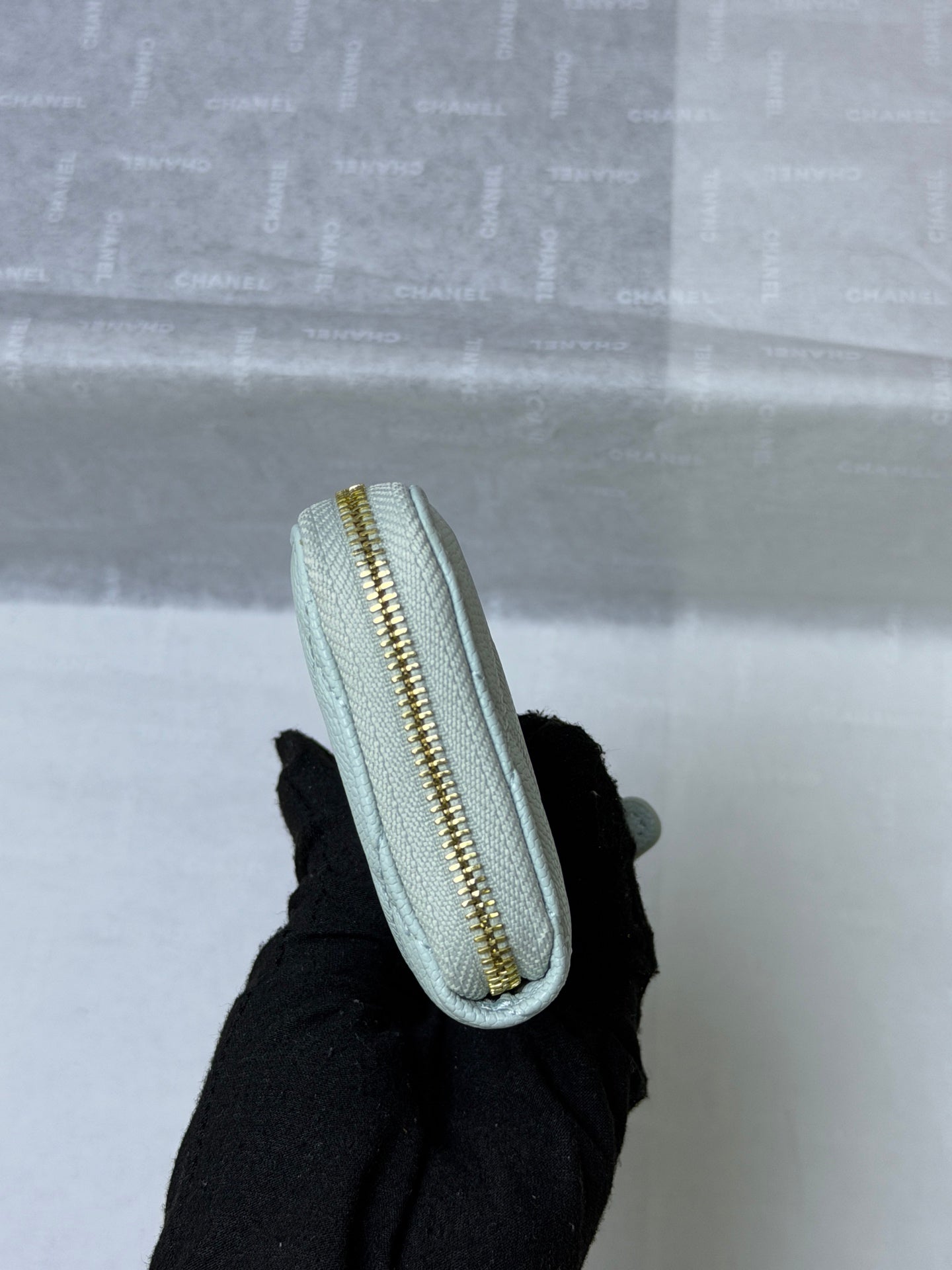 CC 26P Zipper Card Holder Light Blue Quited Caviar Leather