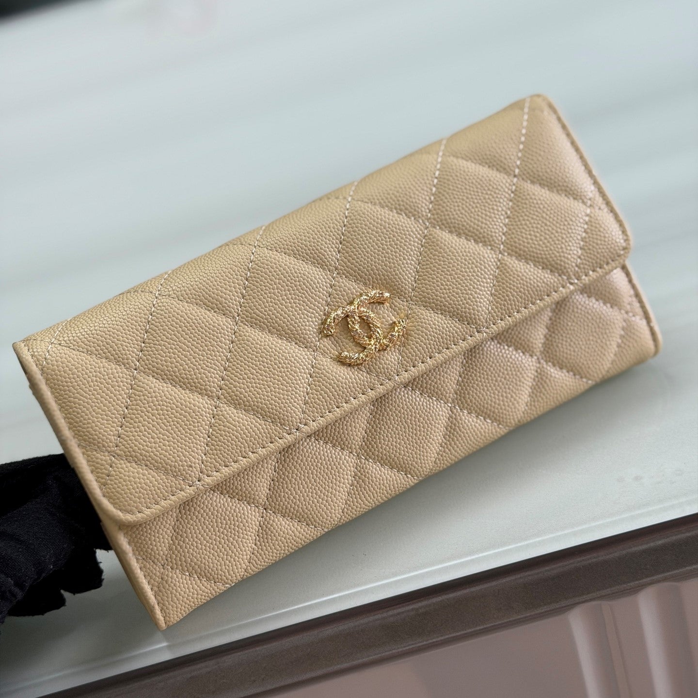 CC 26P Long Flip Wallet Beige Quited Caviar Leather