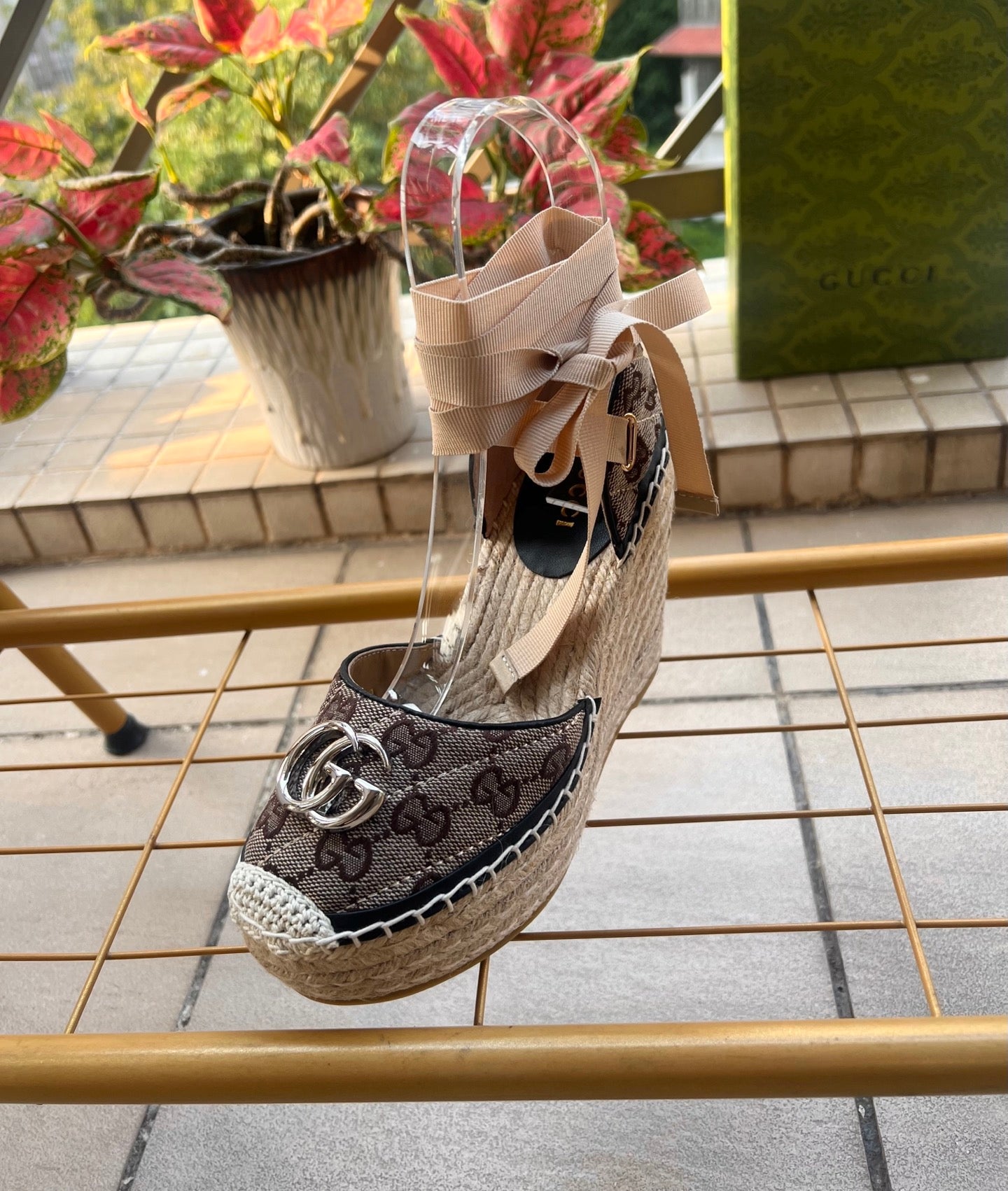 GG 26ss Platform Wedge Sandals 10cm Coffee Straw Canvas 692211