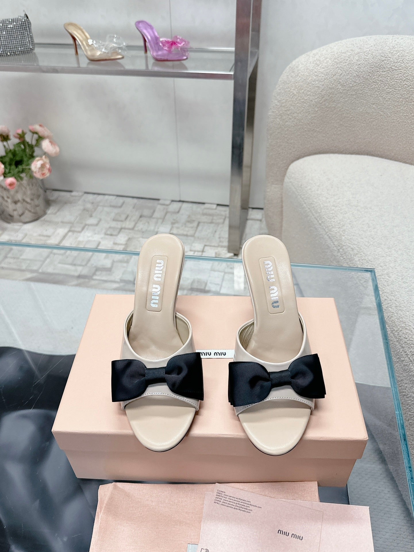 Miu Mordoré Black Bows Mules  70mm Beige Cowhide 445515