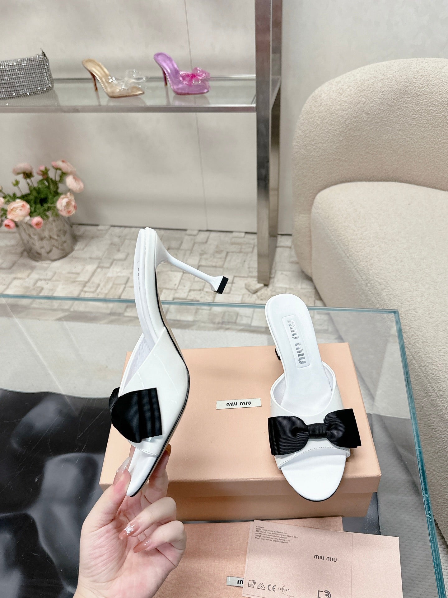 Miu Mordoré Black Bows Mules  70mm White Cowhide 445516