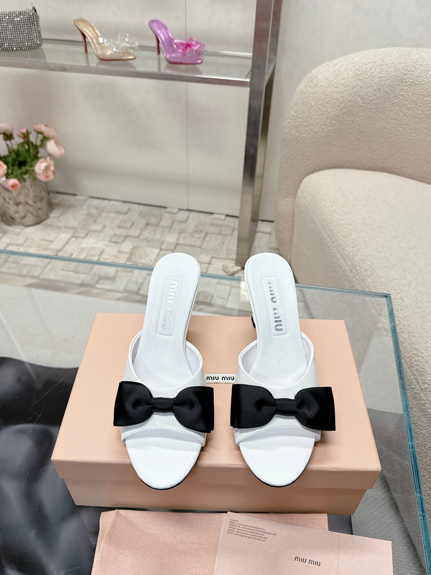 Miu Mordoré Black Bows Mules  70mm White Cowhide 445516