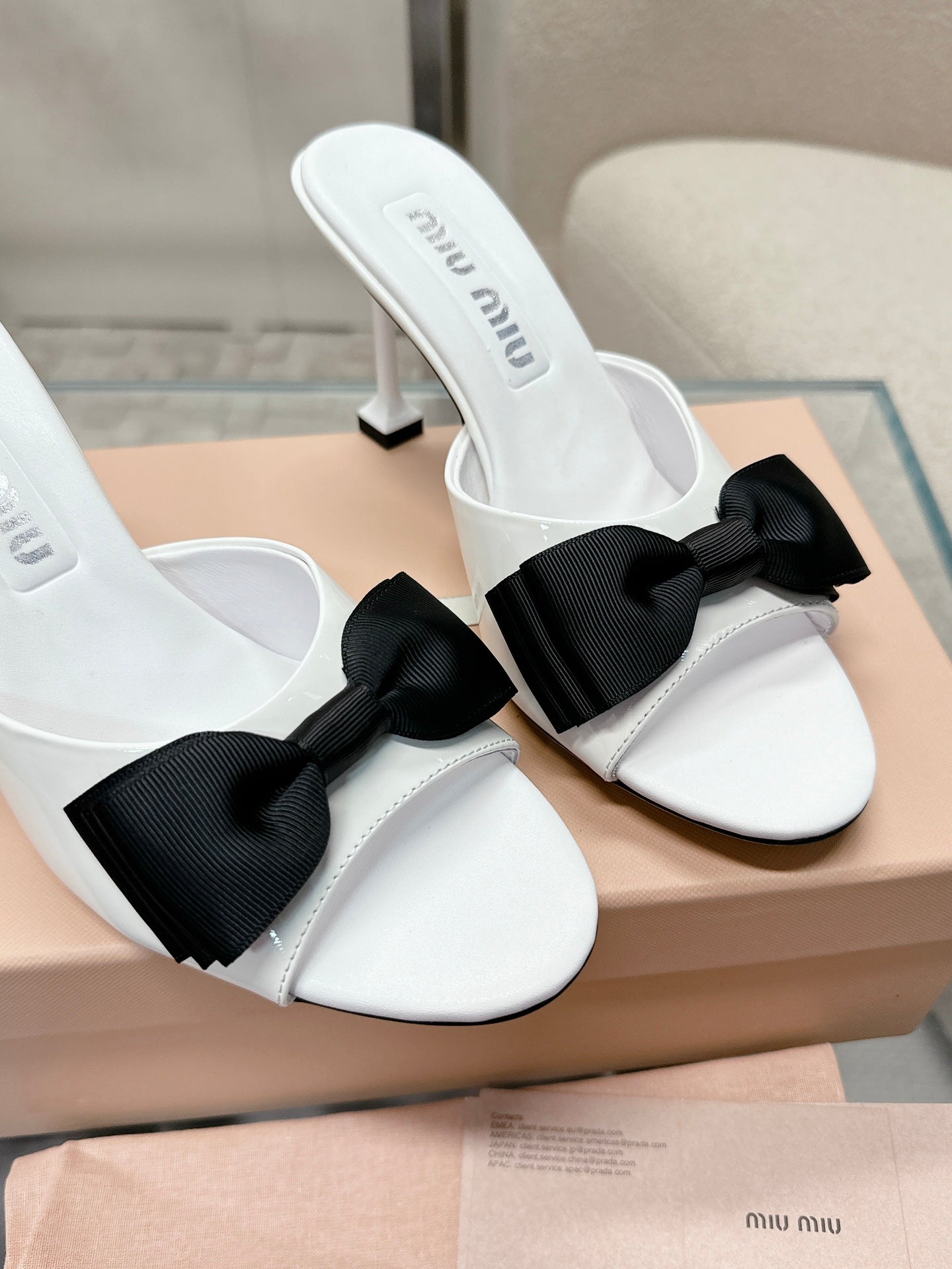 Miu Mordoré Black Bows Mules  70mm White Cowhide 445516