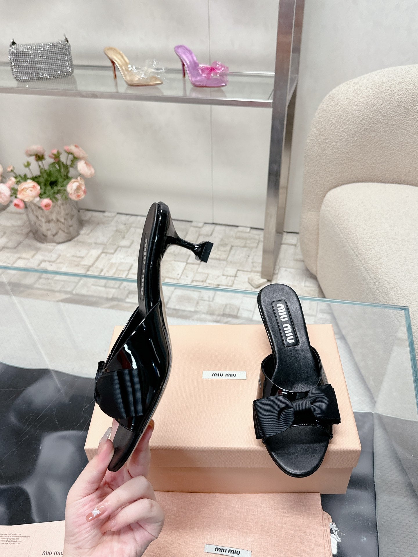 Miu Mordoré Black Bows Mules  50mm Black Cowhide 445521