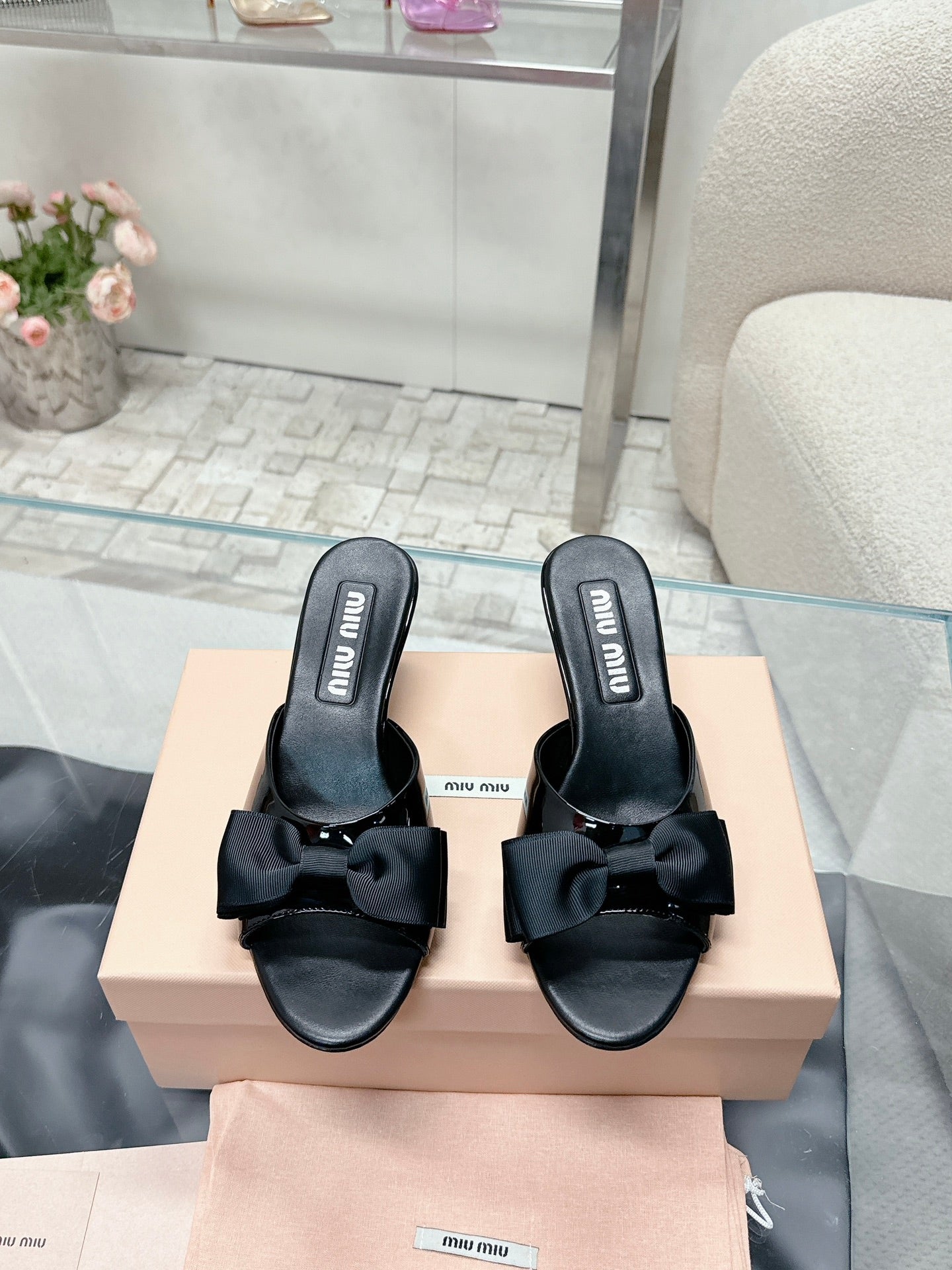 Miu Mordoré Black Bows Mules  50mm Black Cowhide 445521