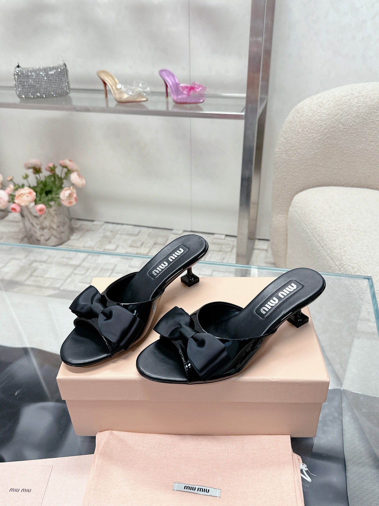 Miu Mordoré Black Bows Mules  50mm Black Cowhide 445521