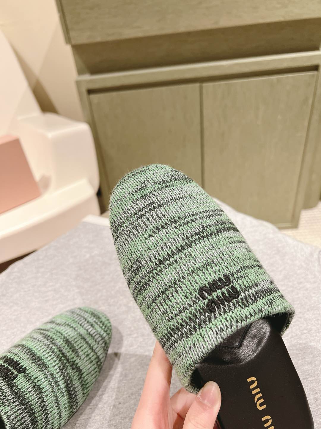 Miu Slide Black mix Green Wool Cowhide 445671