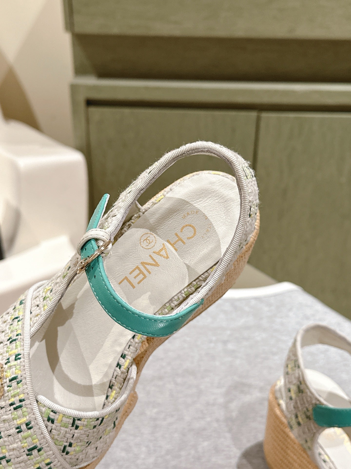 CC 25ss Espadrille Sandals 85mm Greenish-Blue Colorful Tweed Cowhide 462245
