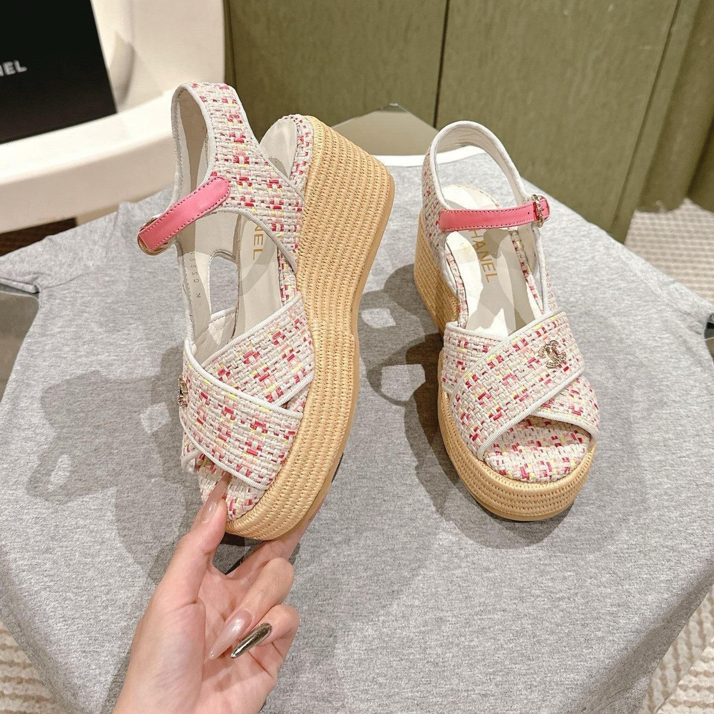 CC 25ss Espadrille Sandals 85mm Pink Colorful Tweed Cowhide 462247