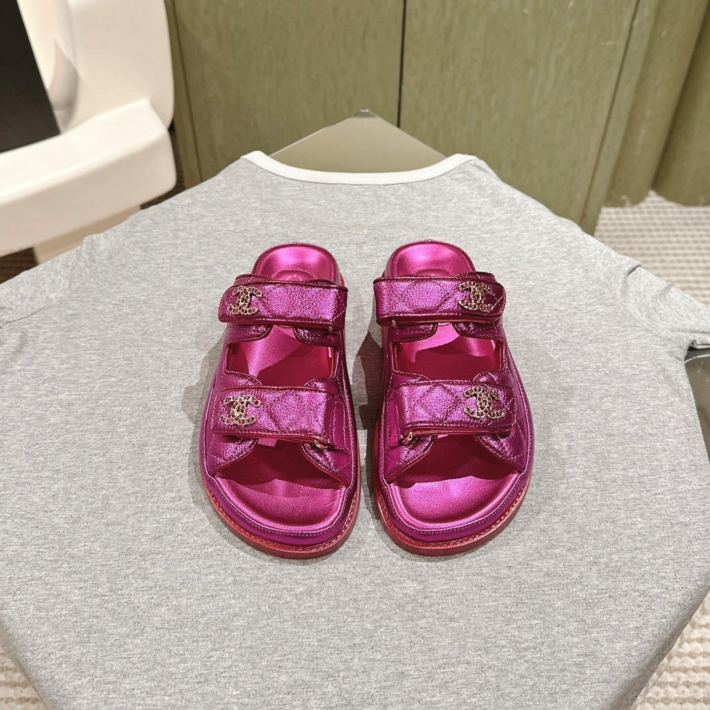CC 25C Dad Sandals Mule Pink Metalic Grained Calfskin 462217