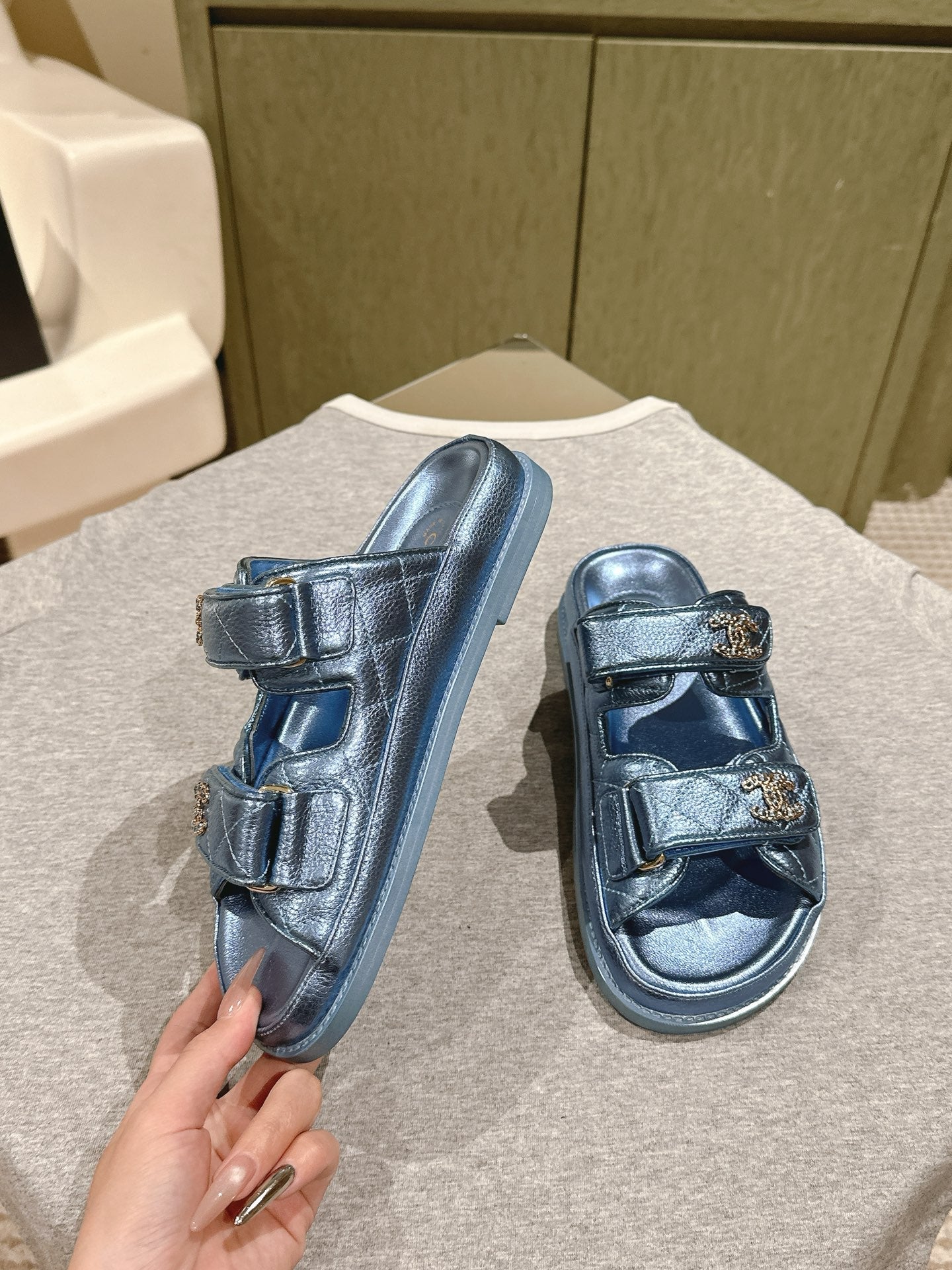 CC 25C Dad Sandals Mule Blue Metalic Grained Calfskin 462218