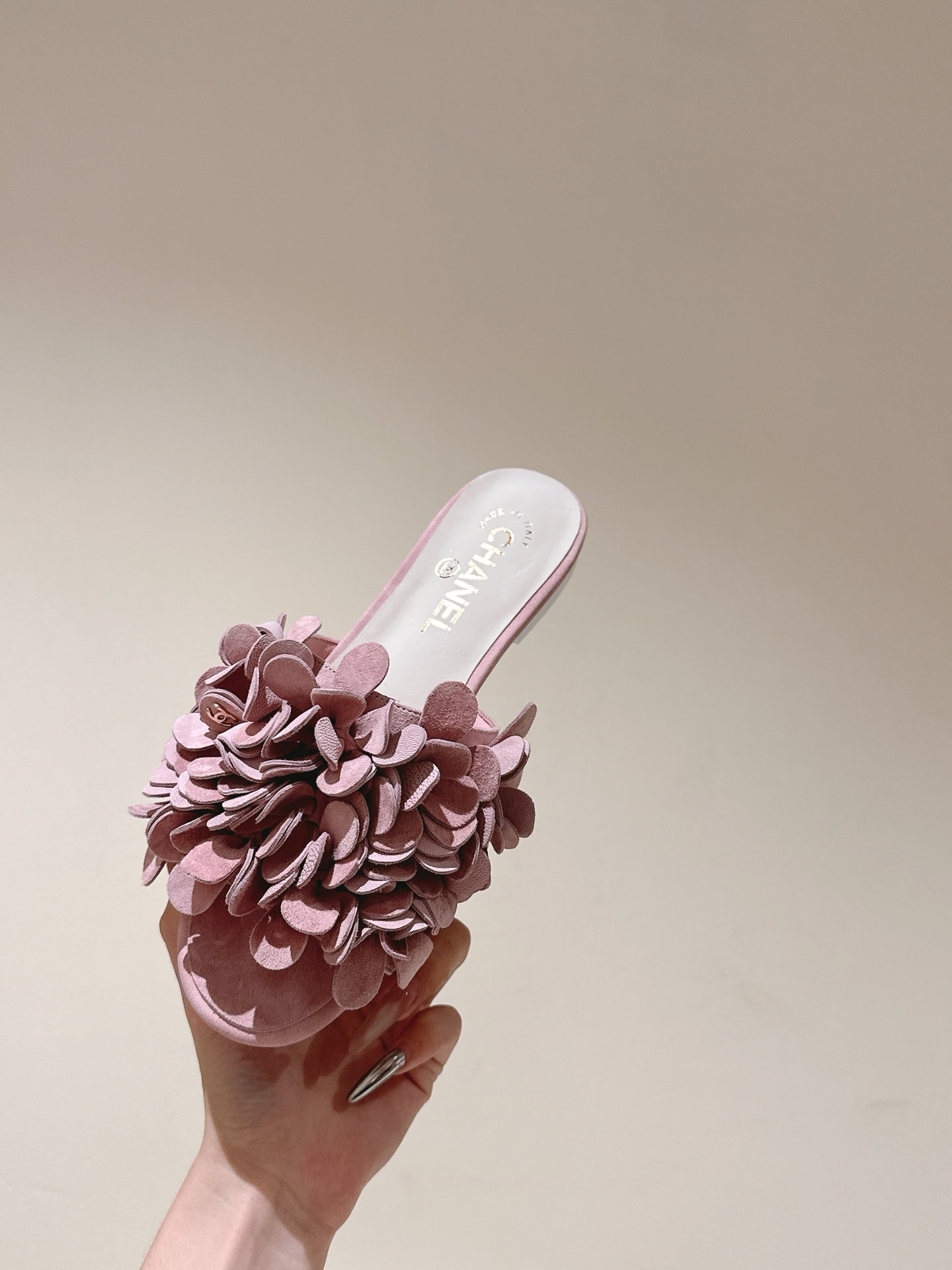 CC Floral Slide Flat Pink Suede Cowhide 454281