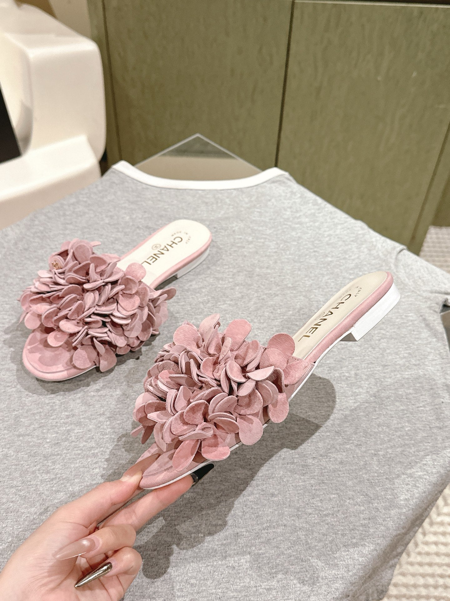 CC Floral Slide Flat Pink Suede Cowhide 454281