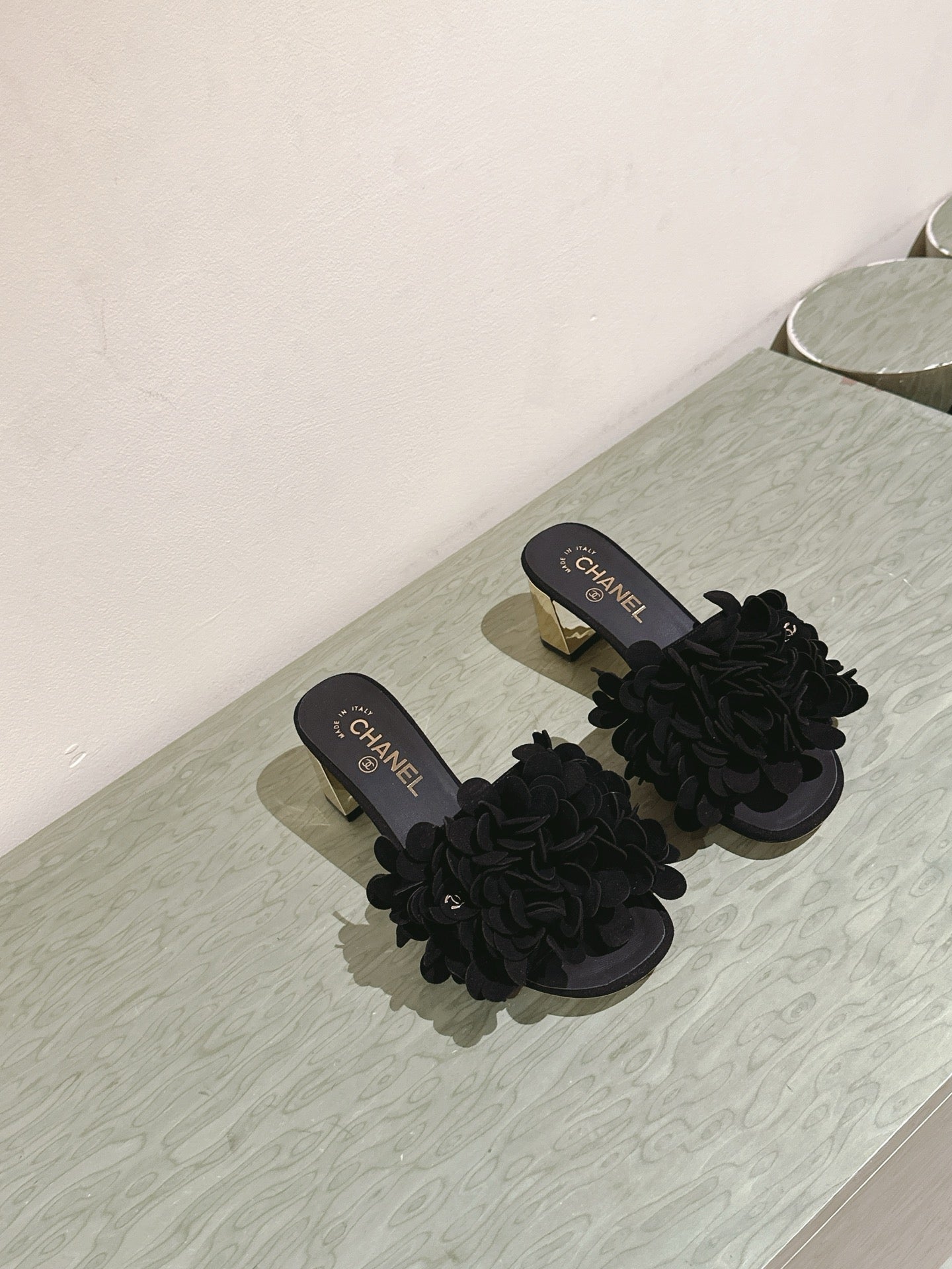 CC Floral Slide Sandals 55mm Black Suede Cowhide 454284