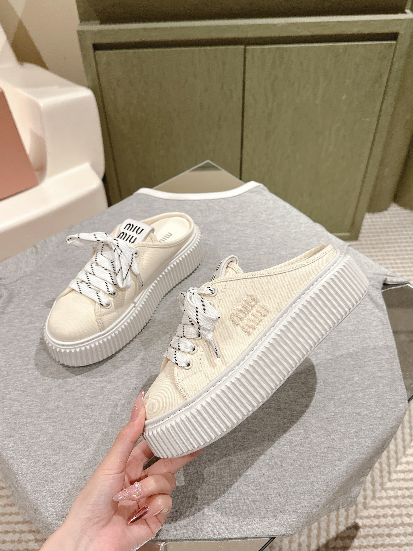 Miu Miu Biscuit Shoes Platform Mules Cream  Denim Canvas 532871