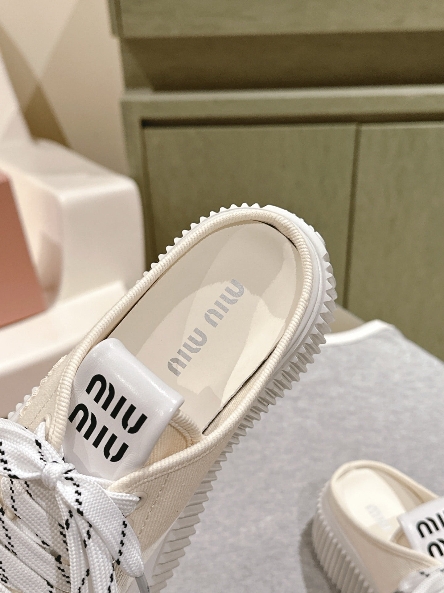 Miu Miu Biscuit Shoes Platform Mules Cream  Denim Canvas 532871
