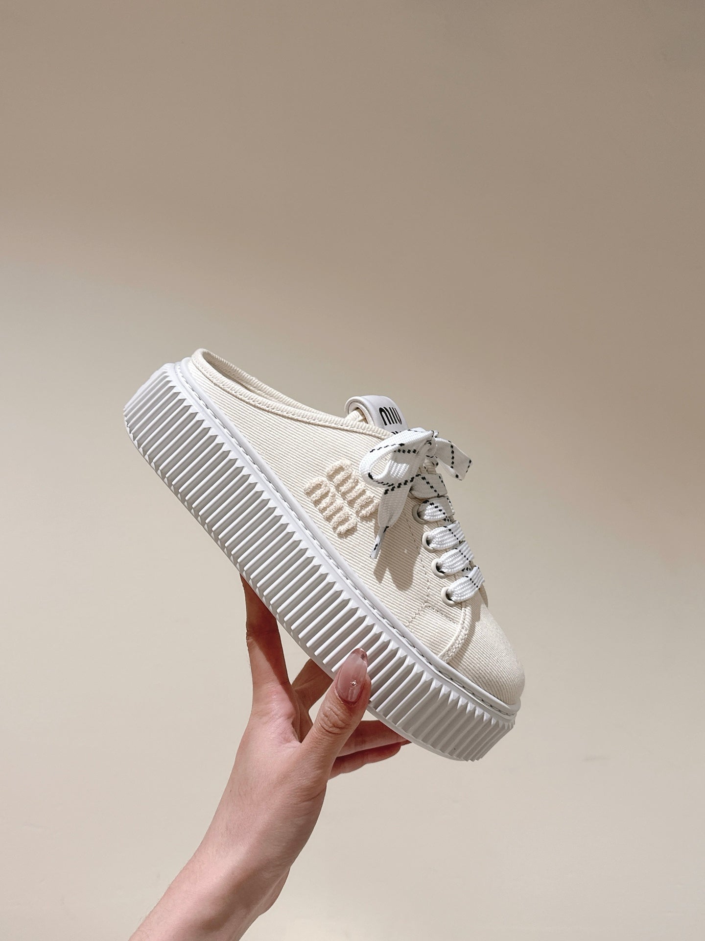 Miu Miu Biscuit Shoes Platform Mules Cream  Denim Canvas 532871