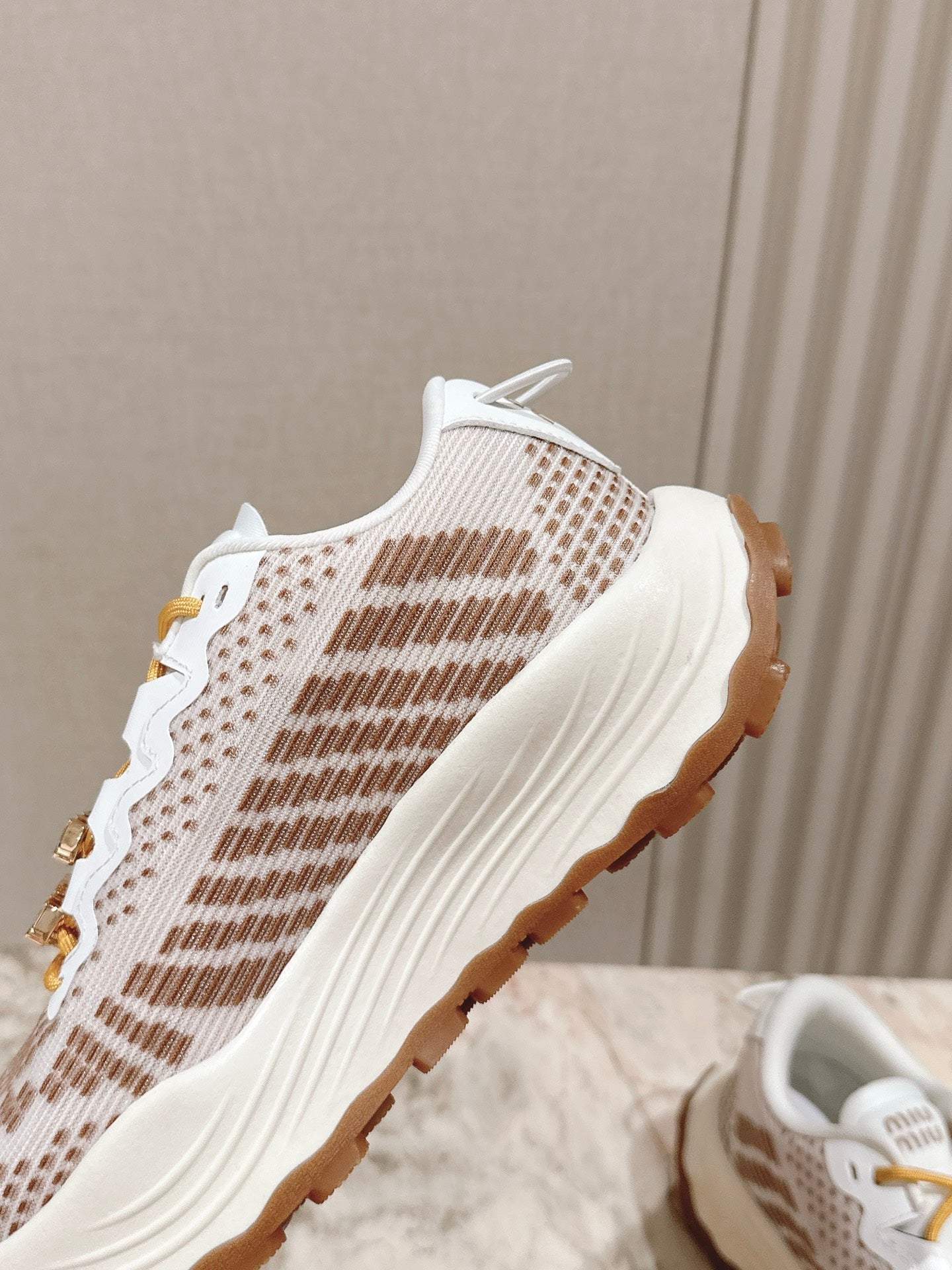 Miu Technical Sneakers White Light Brown Cowhide Fabric 445810