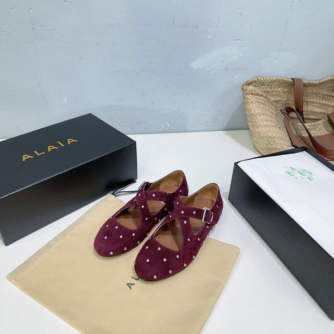 Alaia Criss Cross Ballet Flats With Stud Burgundy Suede 674304