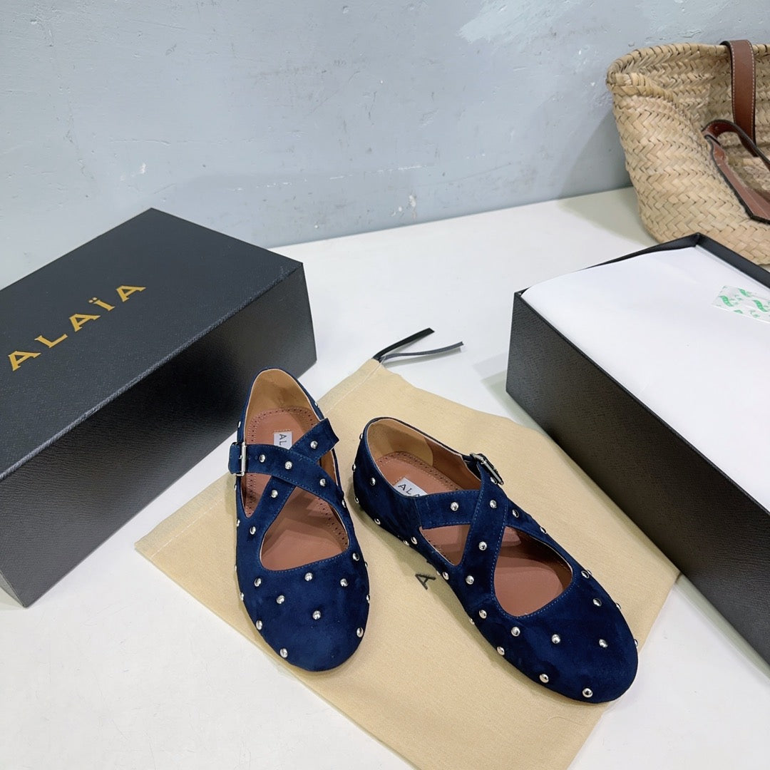 Alaia Criss Cross Ballet Flats With Stud Dark Blue Suede 674305