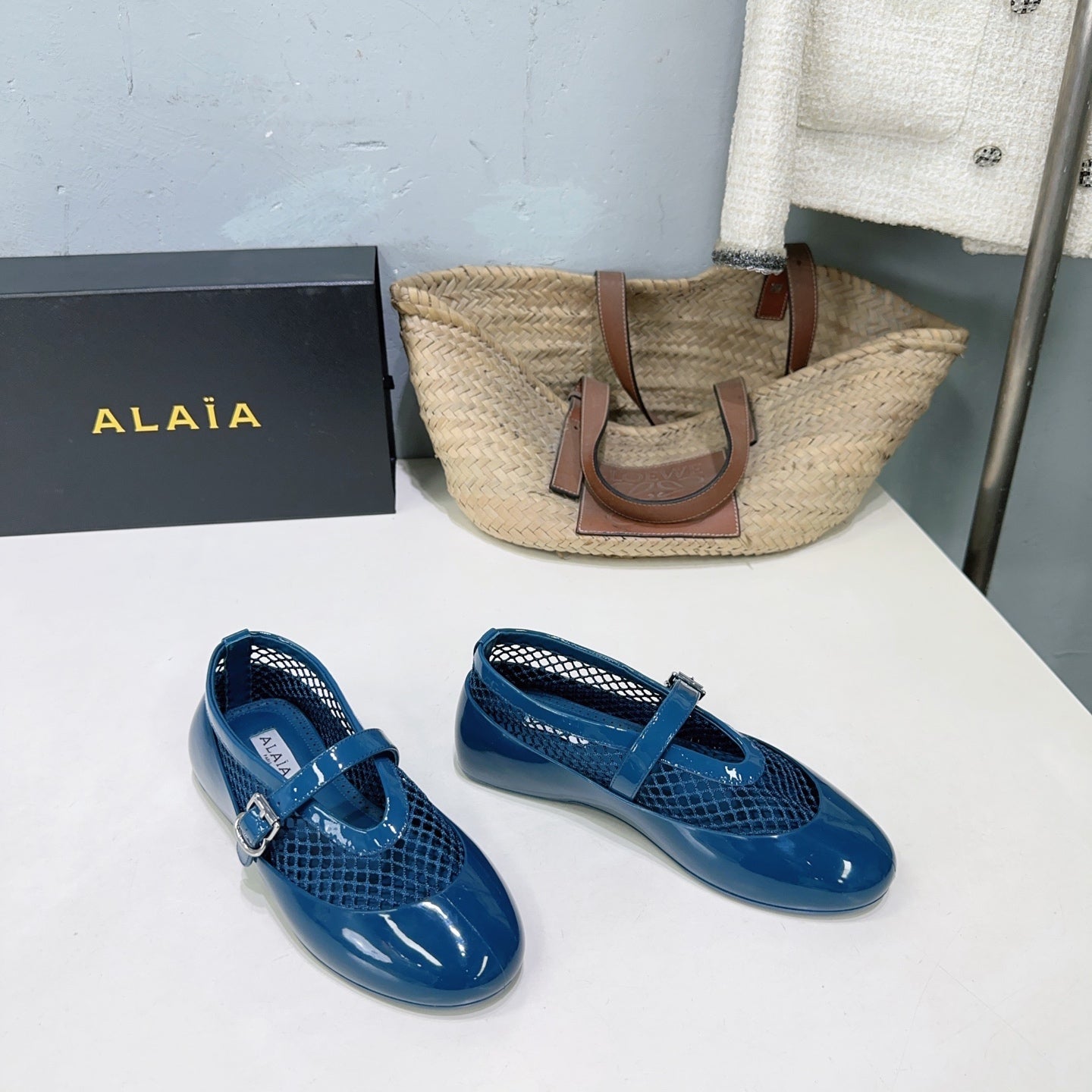 Alaia Ballet Flats Blue Mesh Patent Leather 674312