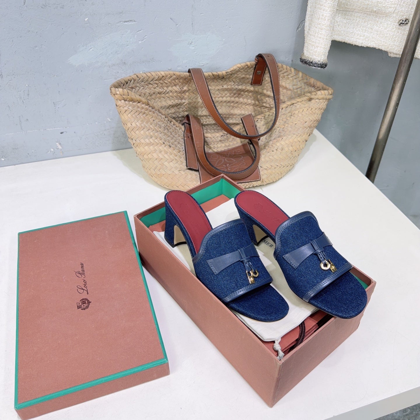 LP Summer Charms Mules 5.5cm Dark Blue Leather Canvas 742541