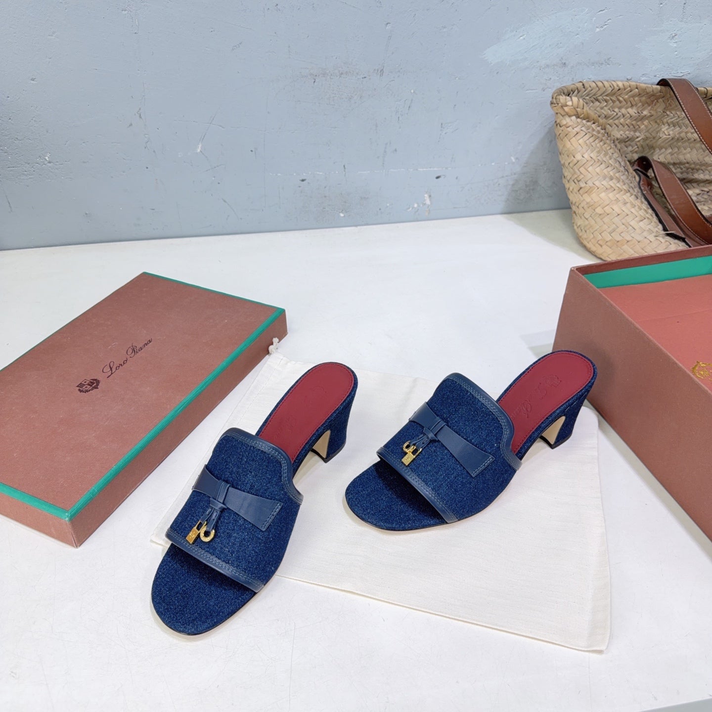 LP Summer Charms Mules 5.5cm Dark Blue Leather Canvas 742541