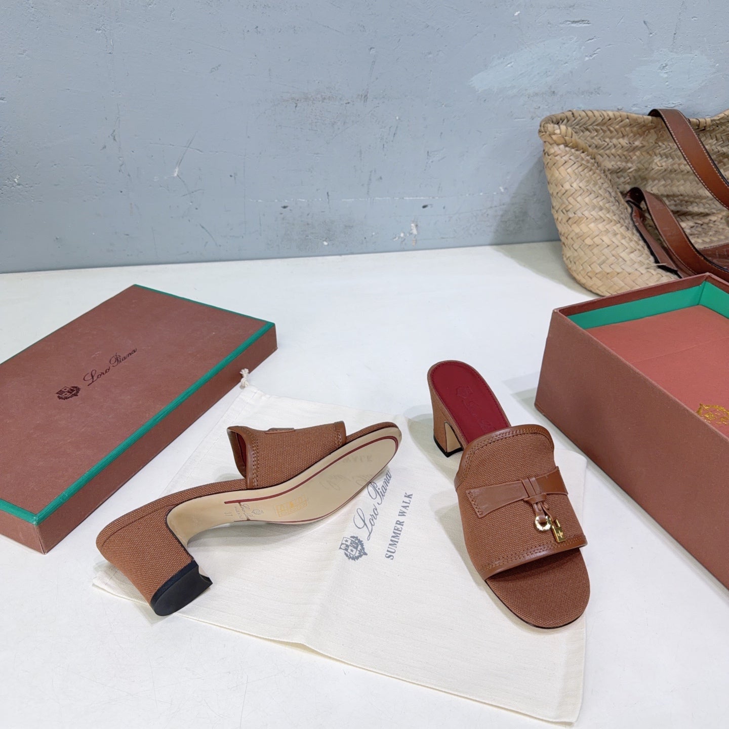 LP Summer Charms Mules 5.5cm Brown Leather Canvas 742542