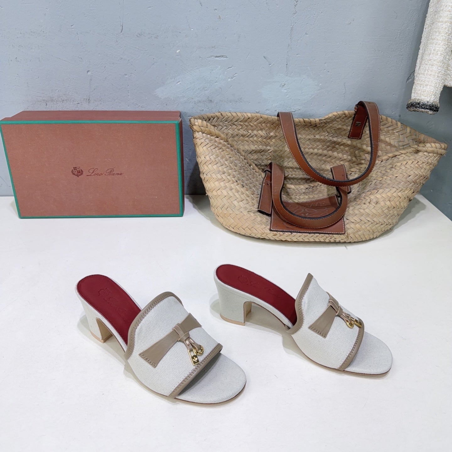 LP Summer Charms Mules 5.5cm White Taupe Leather Canvas 742543