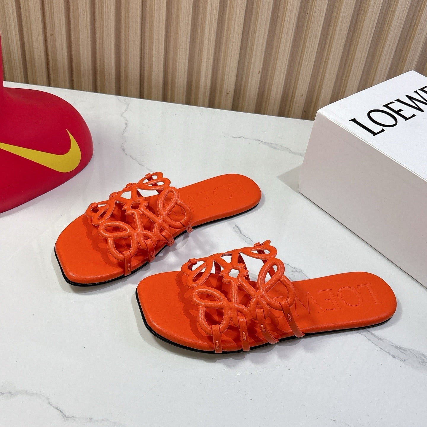 Petal Anagram Slide in Orange Soft Calfskin 273740