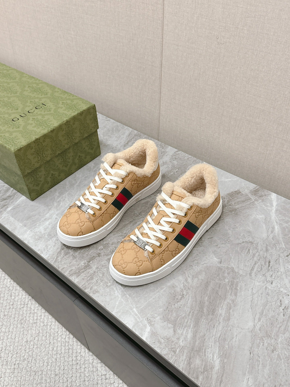 Gucci 26s Ace Sneaker With Web In Beige Embossed Suede And Wool Lining