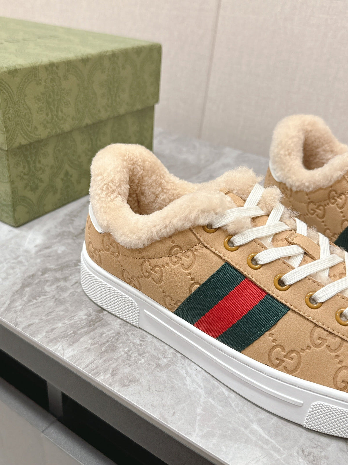 Gucci 26s Ace Sneaker With Web In Beige Embossed Suede And Wool Lining