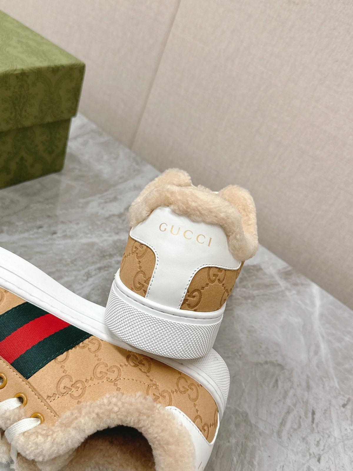 Gucci 26s Ace Sneaker With Web In Beige Embossed Suede And Wool Lining