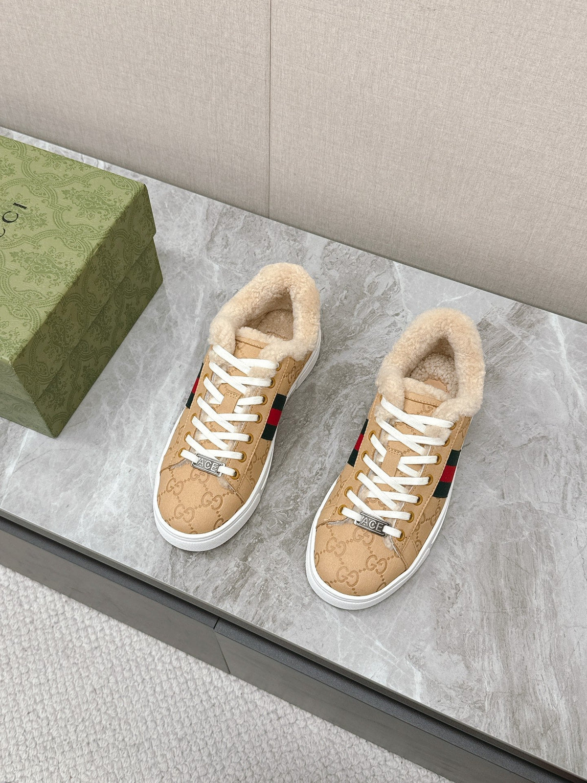 Gucci 26s Ace Sneaker With Web In Beige Embossed Suede And Wool Lining