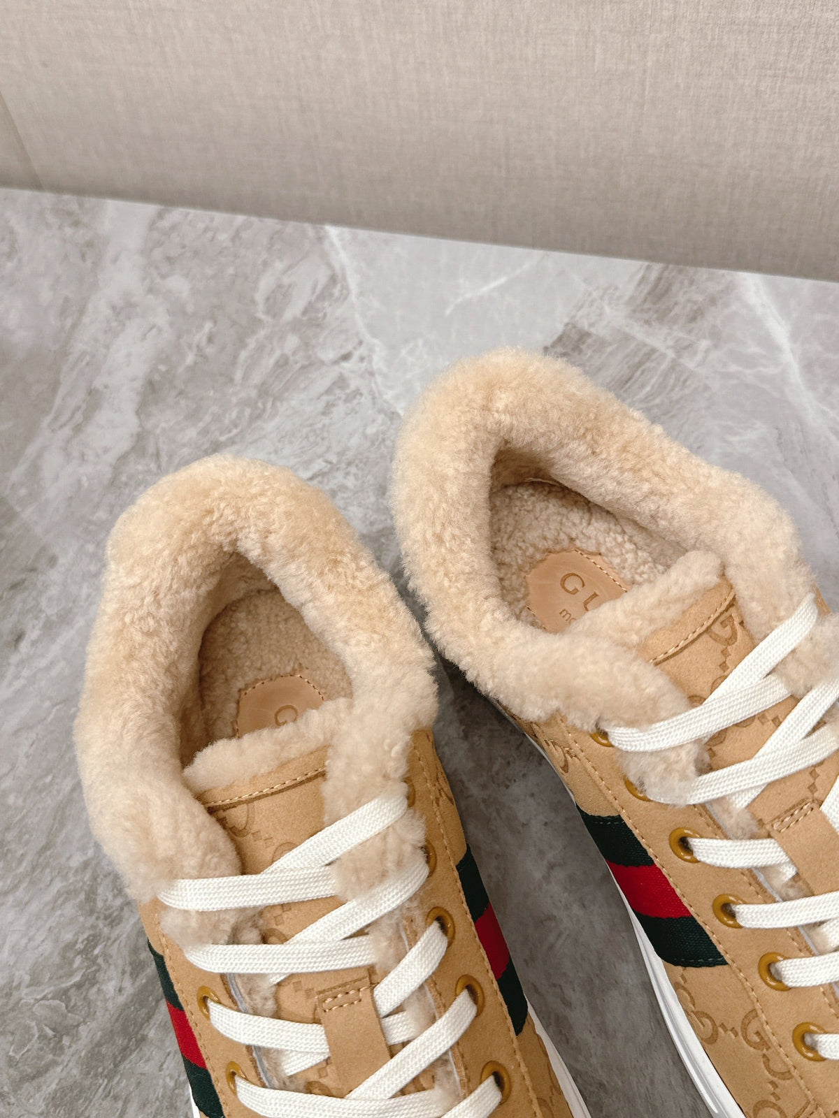 Gucci 26s Ace Sneaker With Web In Beige Embossed Suede And Wool Lining