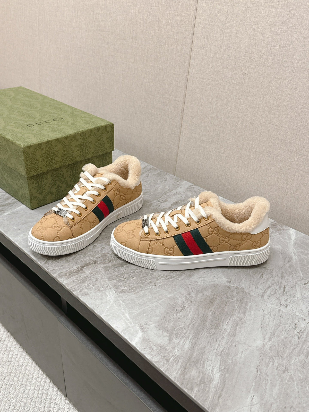 Gucci 26s Ace Sneaker With Web In Beige Embossed Suede And Wool Lining