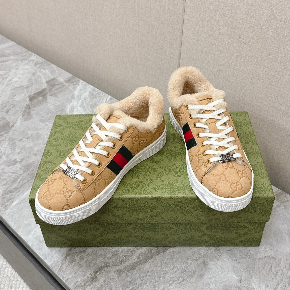 Gucci 26s Ace Sneaker With Web In Beige Embossed Suede And Wool Lining