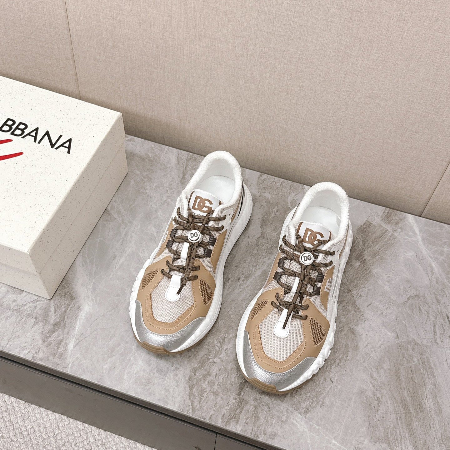 DC Chunky Sneakers Brown White Silver Cowhide & Mesh Lining 339127