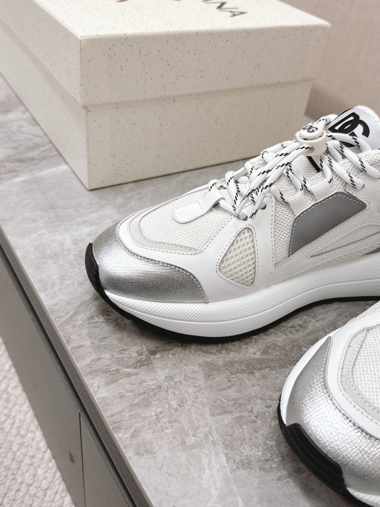 DC Chunky Sneakers White Silver Cowhide & Mesh Lining 339129
