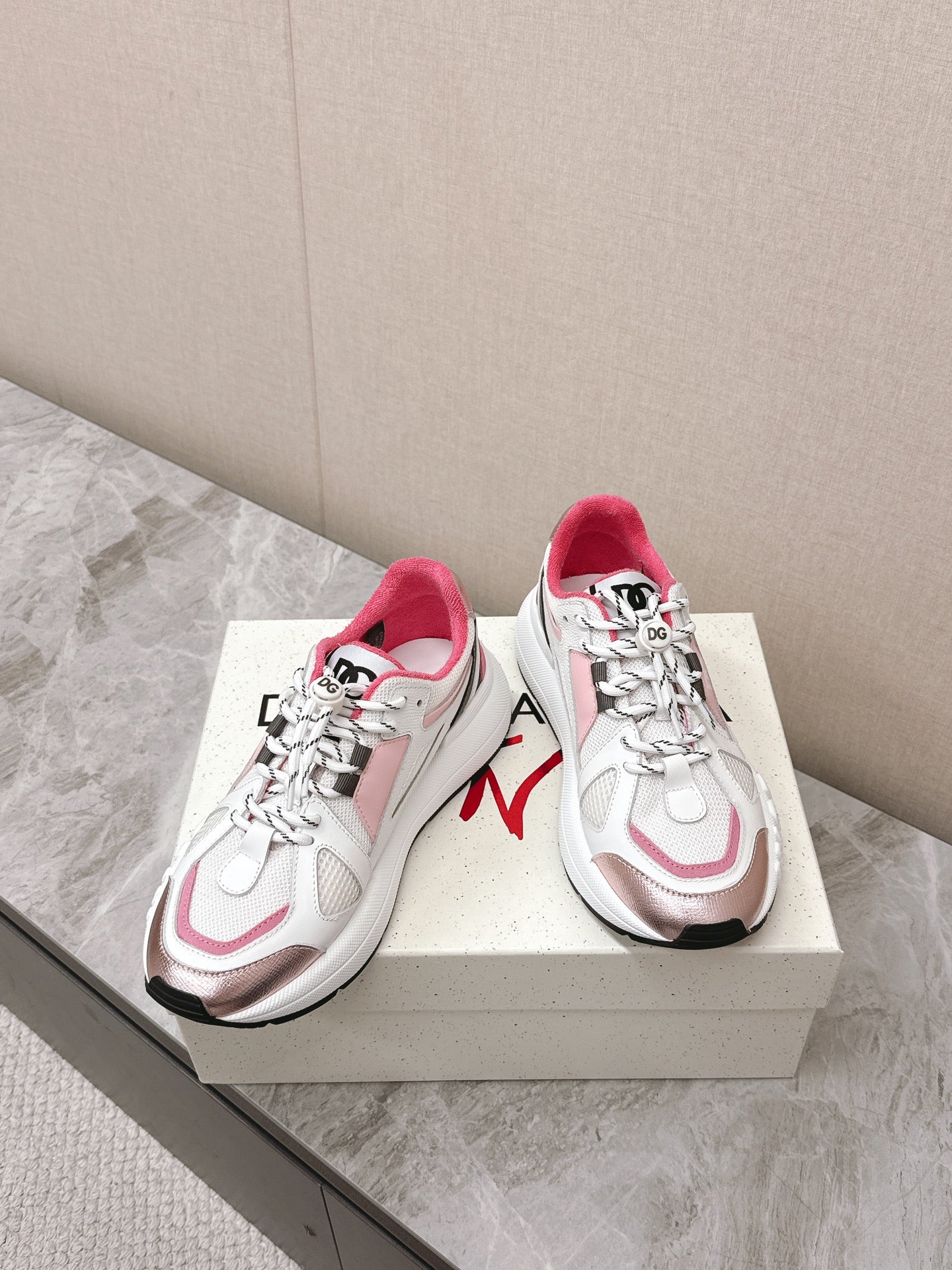DC Chunky Sneakers White Pink Cowhide & Mesh Lining 339131