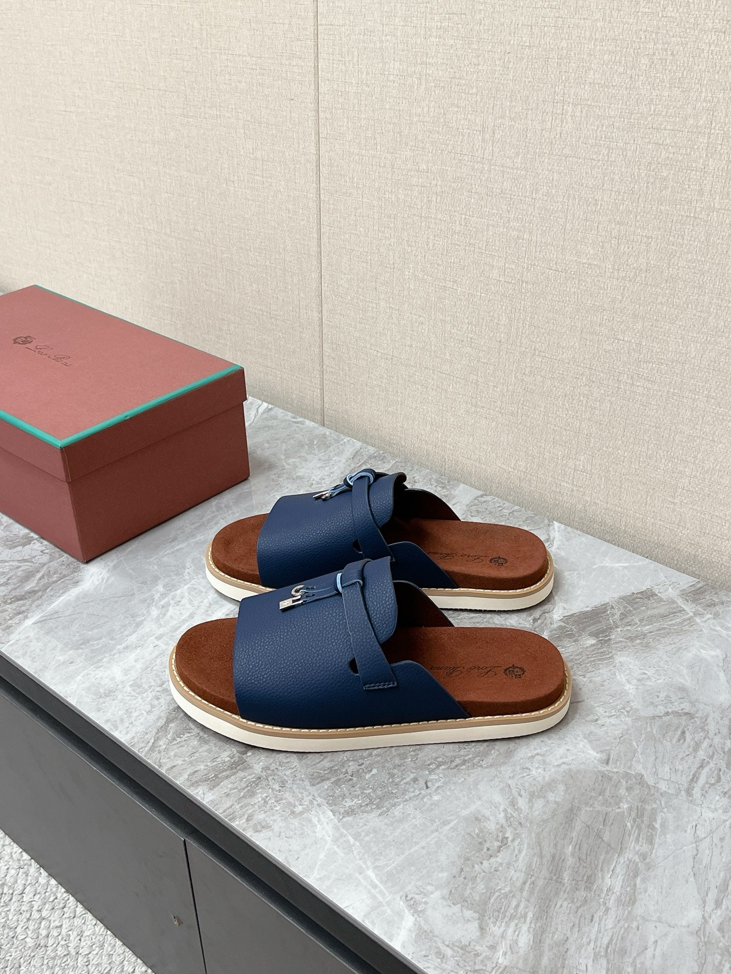 LP 26s Men’s Lock Mule Slides In Dark Blue Calfskin Silver Hardware