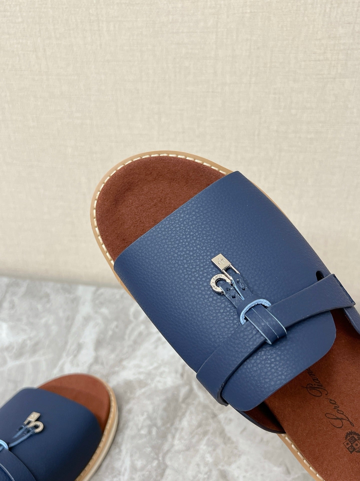 LP 26s Men’s Lock Mule Slides In Dark Blue Calfskin Silver Hardware
