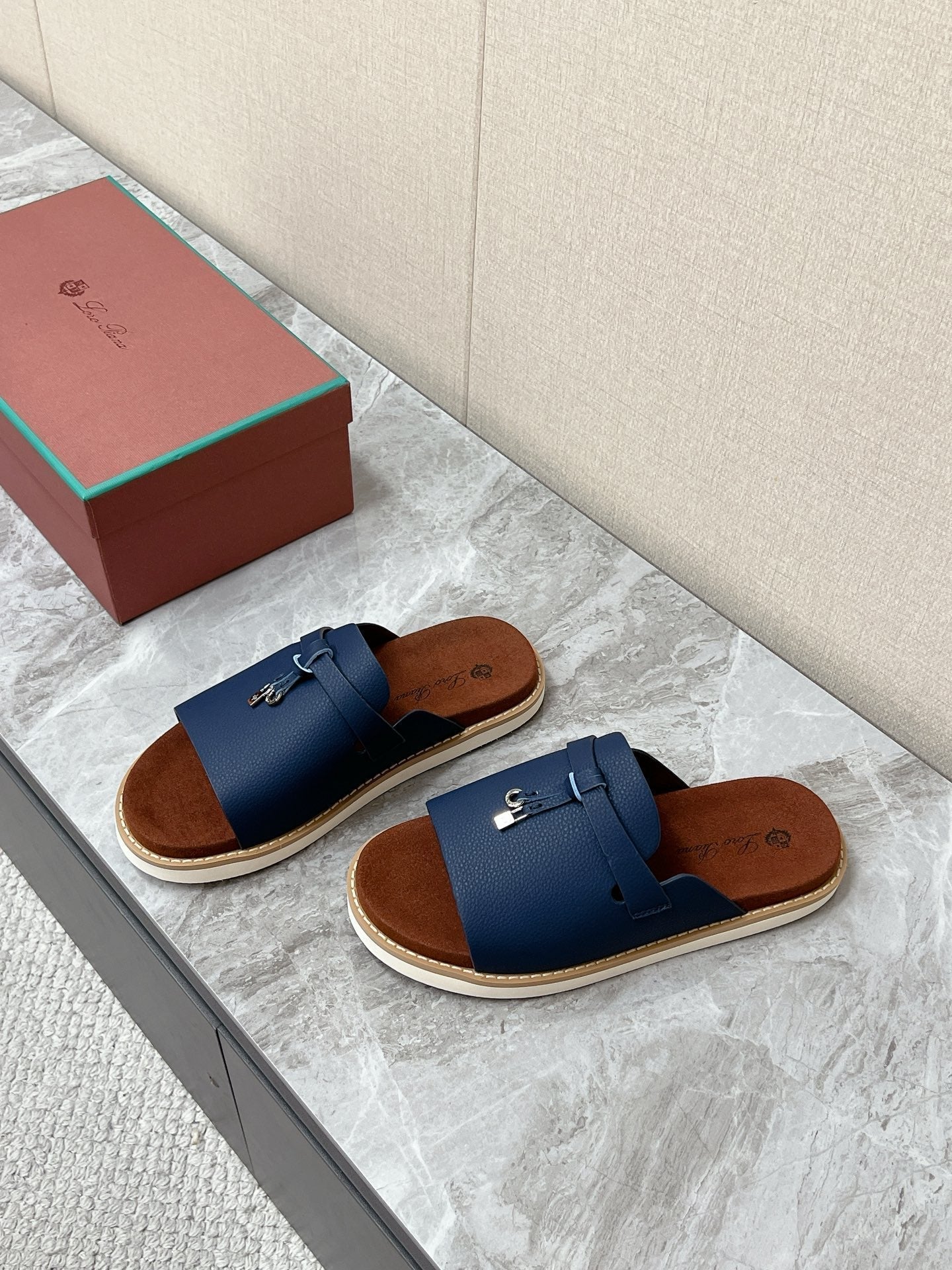 LP 26s Men’s Lock Mule Slides In Dark Blue Calfskin Silver Hardware