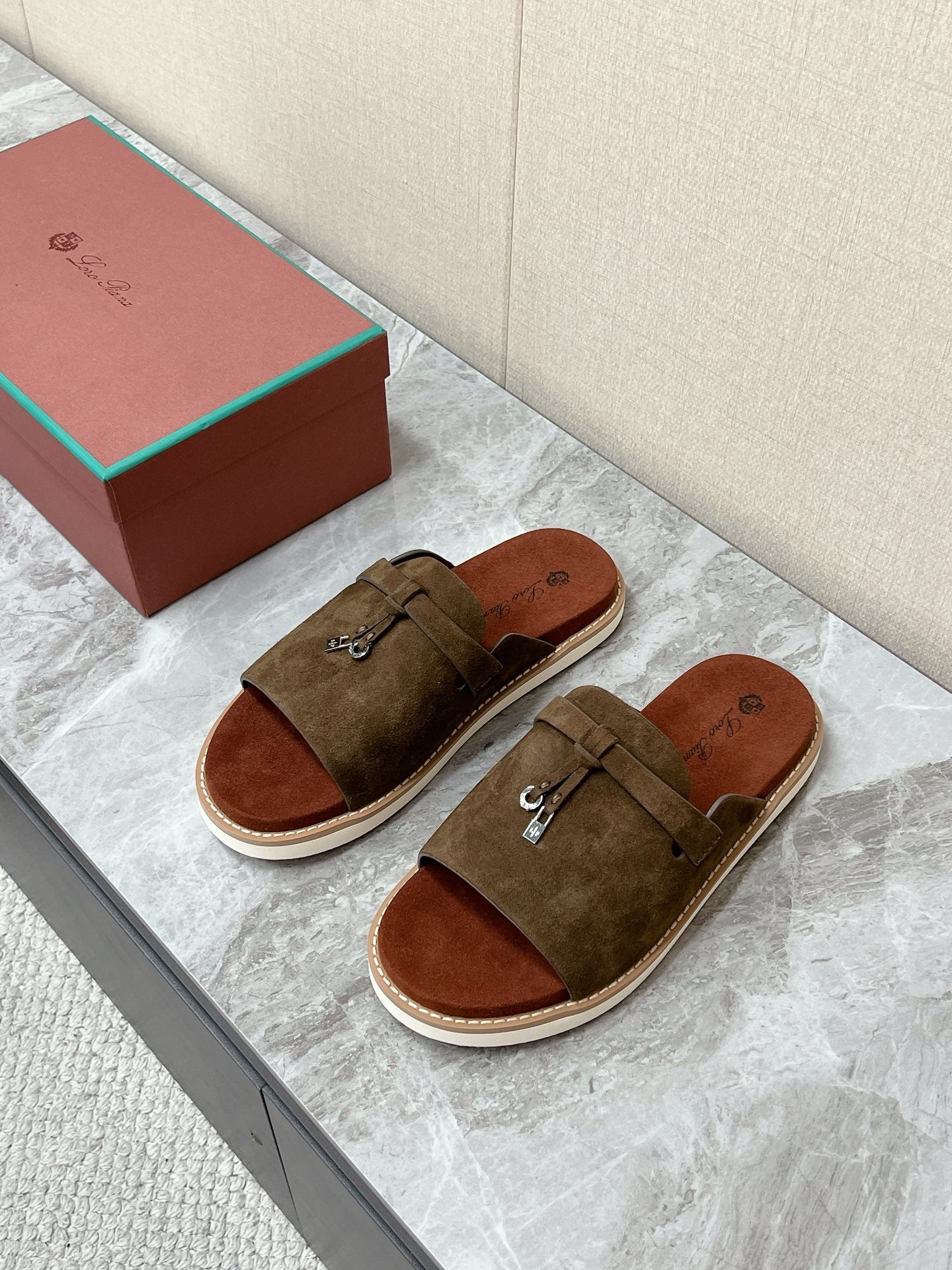 LP 26s Men’s Lock Mule Slides In Olive Brown Suede Silver Hardware