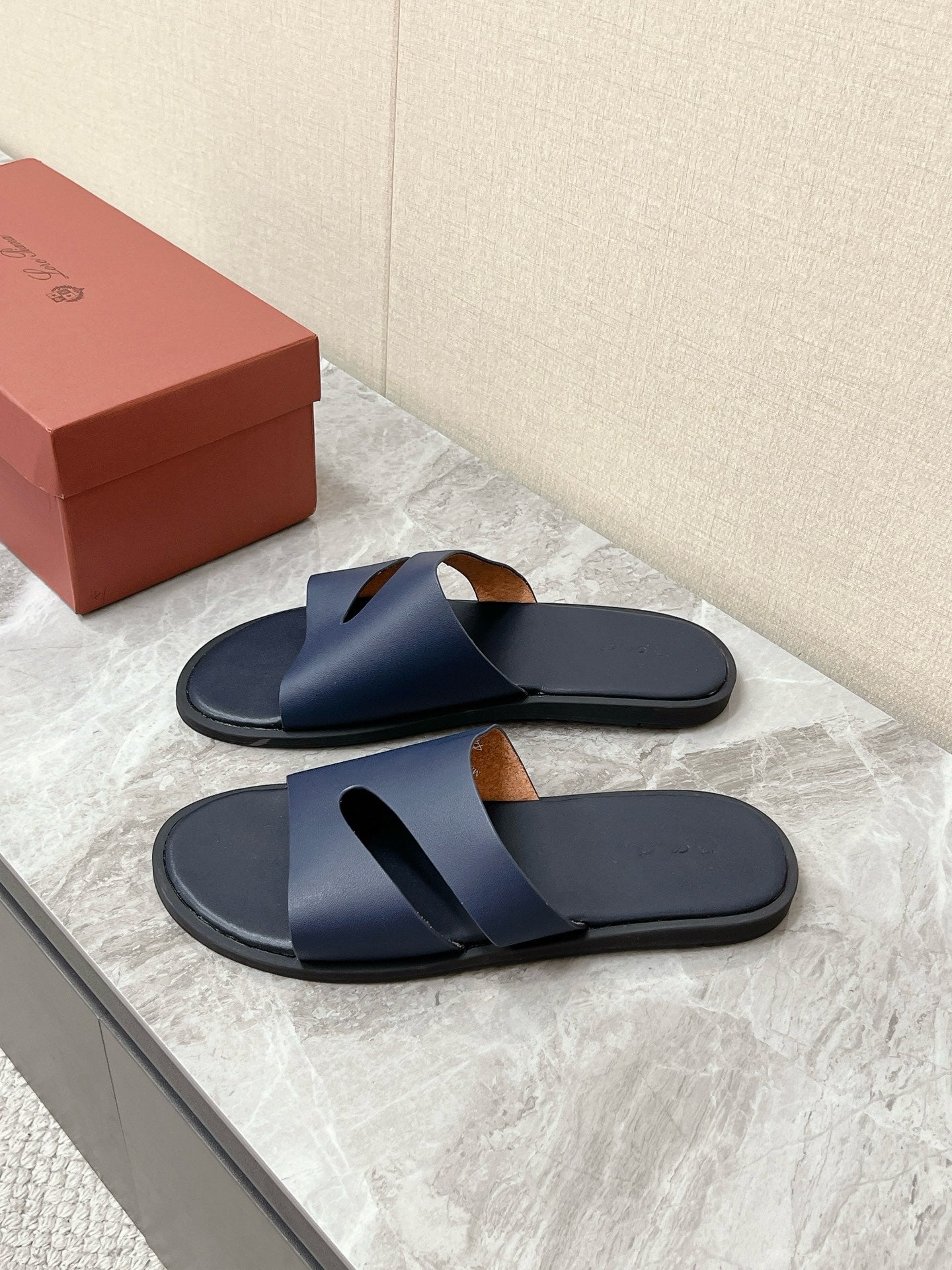 LP 26s Men’s Cutout Slides In Navy Blue Calfskin
