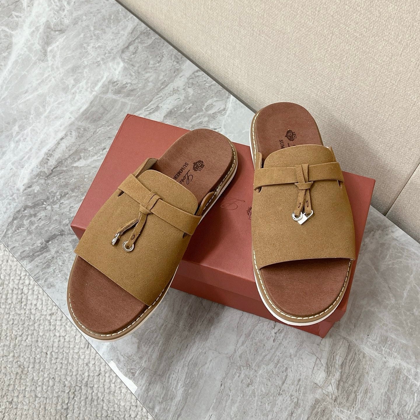 LP 26s Men’s Lock Charm Slides In Olive Brown Suede Silver Hardware